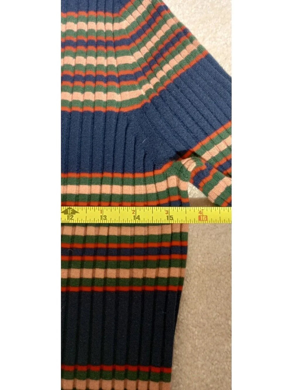 Tory Burch Striped Ribbed Turtleneck Sweater XL Blue Tan Merono Wool Stretch